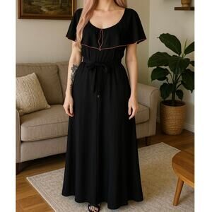 Vintage Black Maxi Dress w/ Red Trim & Cape Overlay - Small